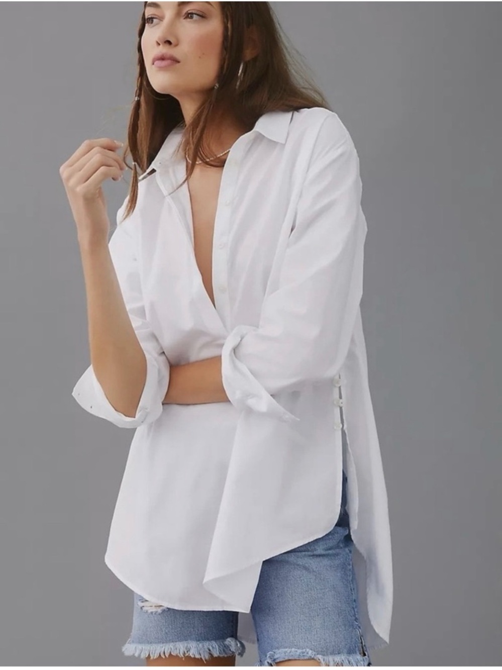 Anthropologie Side Button Oversized Long Sleeve 100% Cotton Tunic Top White S